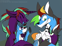 Size: 2732x2048 | Tagged: safe, artist:tfxtheflightmare, imported from derpibooru, oc, oc only, oc:aurora mochi, oc:aurora wilson, oc:connor stroud, oc:cora mochi, pony, unicorn, wolf, eyes closed, female, gray background, hug, male, mare, non-mlp oc, offspring, simple background, smiling