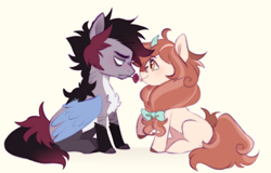 Size: 2394x1536 | Tagged: safe, artist:pandemiamichi, imported from derpibooru, oc, oc only, oc:ares, oc:kore, hybrid, pegasus, pony, unicorn, chibi, female, flower, flower in mouth, interspecies offspring, kirin pony hybrid, magical lesbian spawn, male, mare, mouth hold, offspring, parent:applejack, parent:autumn blaze, parent:discord, parent:rarity, parents:autumnjack, parents:raricord, simple background, stallion, tongue out, white background