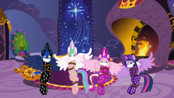 Size: 1280x720 | Tagged: safe, artist:brightstar40k, imported from derpibooru, princess cadance, princess celestia, princess luna, twilight sparkle, alicorn, pony, arm behind back, bondage, bound and gagged, cloth gag, clothes, female, footed sleeper, footie pajamas, gag, help us, kidnapped, mare, onesie, otn gag, over the nose gag, pajamas, princess, rope, rope bondage, sleepover, slumber party, surprised, tied up