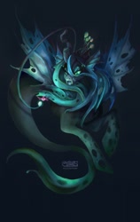 Size: 808x1280 | Tagged: safe, artist:komical, imported from derpibooru, queen chrysalis, angler fish, changeling, changeling queen, fish, merpony, seapony (g4), unicorn, angler seapony, bioluminescent, colored pupils, crown, eyelashes, fangs, female, fin wings, fish tail, flowing mane, glow, glowing, green eyes, horn, jewelry, logo, regalia, seaponified, seapony chrysalis, solo, species swap, tail, underwater, water, wings