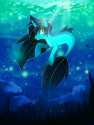 Size: 1050x1400 | Tagged: safe, artist:skyeypony, imported from derpibooru, oc, oc only, fish, seapony (g4), unicorn, bubble, crepuscular rays, eyelashes, fish tail, flowing mane, flowing tail, green eyes, horn, ocean, seaponified, seaweed, signature, smiling, solo, species swap, sunlight, tail, teeth, underwater, water