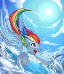 Size: 3553x4096 | Tagged: safe, artist:ask-colorsound, imported from derpibooru, rainbow dash, pegasus, pony, cloud, female, flying, high res, mare, open mouth, sky, solo, spread wings, water, wave, windswept mane, wings