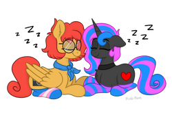 Size: 3220x2200 | Tagged: safe, artist:pink-pone, imported from derpibooru, oc, oc only, oc:salty smiles, oc:snappes shot, pegasus, pony, unicorn, clothes, female, glasses, lesbian, lying down, mare, pride, pride flag, prone, simple background, sleeping, socks, striped socks, transgender, transgender pride flag, transparent background