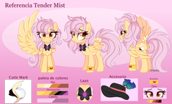 Size: 3920x2365 | Tagged: safe, artist:2pandita, imported from derpibooru, oc, oc only, oc:tender mist, pegasus, pony, accessories, accessory, bowtie, female, hat, mare, not fluttershy, reference sheet, simple background, solo