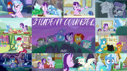 Size: 1974x1112 | Tagged: safe, edit, edited screencap, editor:quoterific, imported from derpibooru, screencap, edith (cockatrice), gallus, maud pie, mudbriar, roseluck, silverstream, smolder, starlight glimmer, sunburst, terramar, trixie, bird, cockatrice, dragon, earth pony, griffon, pony, unicorn, student counsel, angry, bag, cape, clothes, cute, diabedith, diastreamies, dragoness, duo, duo female, edith, female, glasses, glimmerbetes, glowing horn, group hug, hat, horn, hug, magic, magic aura, male, maudabetes, open mouth, petrification, saddle bag, school of friendship, shocked, smiling, solo, spying, stone, trixie's cape, trixie's hat, turned to stone, when she smiles
