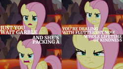 Size: 2000x1125 | Tagged: safe, edit, edited screencap, editor:quoterific, imported from derpibooru, screencap, fluttershy, pegasus, pony, sweet and smoky, angry, female, implied garble, lava, open mouth, solo
