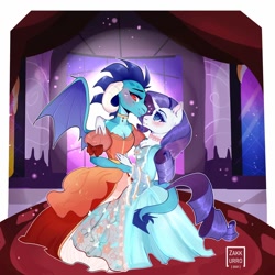 Size: 1080x1080 | Tagged: safe, artist:zakkurro, imported from derpibooru, princess ember, rarity, anthro, dragon, unicorn, clothes, dress, emberity, female, interspecies, lesbian, shipping