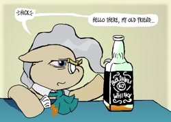 Size: 500x355 | Tagged: safe, artist:owlor, imported from derpibooru, mayor mare, pony, drunk, from the desk of mayor mare, go home you're drunk, jack daniels, solo