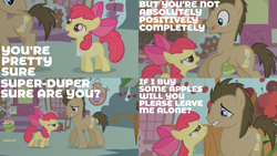 Size: 2000x1125 | Tagged: safe, edit, edited screencap, editor:quoterific, imported from derpibooru, screencap, apple bloom, doctor whooves, time turner, earth pony, pony, unicorn, call of the cutie, angry, apron, bipedal, bow, clothes, duo, female, male, open mouth, scared, shocked, walking