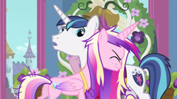 Size: 1280x720 | Tagged: safe, imported from derpibooru, screencap, princess cadance, shining armor, alicorn, pony, unicorn, a canterlot wedding, season 2, duo, eyes closed, female, hug, male, open mouth, scratches, shiningcadance, shipping, straight, surprised, teeth