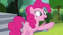 Size: 1920x1080 | Tagged: safe, imported from derpibooru, screencap, pinkie pie, earth pony, pony, horse play, female, mare, open mouth, raised hoof, solo