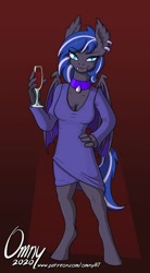 Size: 400x726 | Tagged: safe, artist:omny87, imported from derpibooru, oc, oc only, oc:kassy nighty, anthro, bat pony, unguligrade anthro, anthro oc, bat pony oc, bat wings, blue eyes, clothes, cocktail, cocktail dress, cocktail glass, dress, ear piercing, fangs, female, jewelry, necklace, patreon, patreon reward, piercing, solo, solo female, wings