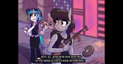 Size: 2000x1050 | Tagged: safe, artist:provolonepone, imported from derpibooru, dj pon-3, octavia melody, vinyl scratch, anthro, earth pony, robot, unicorn, city, clothes, cyberpunk, dialogue, dress, gun, handgun, implied lesbian, implied scratchtavia, implied shipping, mafia, mafia octavia, necktie, pistol, subtitles, tommy gun, weapon