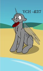 Size: 807x1330 | Tagged: safe, artist:rokosmith26, imported from derpibooru, pony, advertisement, beach, commission, ears back, floppy ears, frisbee, looking down, scared, simple background, solo, your character here