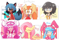 Size: 3000x2050 | Tagged: safe, artist:luckyclau, imported from derpibooru, fluttershy, human, pegasus, pony, six fanarts, bna: brand new animal, cream the rabbit, cure happy, daybreaker illusion, eyes closed, fuyuna shinzaki, glasses, hoshizora miyuki, michiru kagemori, minits, one eye closed, open mouth, pop n music, slime pretty cure, sonic the hedgehog (series), wink