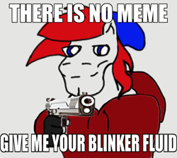 Size: 972x872 | Tagged: safe, artist:end credicts, imported from derpibooru, oc, oc:apex soundwave, earth pony, pony, blinker fluid, car, chad, clothes, gun, implied car, male, meme, shitposting, stallion, weapon