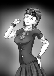 Size: 4961x7016 | Tagged: safe, alternate version, artist:symptom99, imported from derpibooru, indigo zap, human, equestria girls, abs, bracelet, clothes, female, jewelry, looking at you, monochrome, school uniform, solo, tattoo