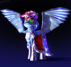 Size: 3300x3100 | Tagged: safe, artist:shido-tara, imported from derpibooru, rainbow dash, crystal pony, pegasus, armor, cloak, clothes, commission, commissioner:reversalmushroom, evil grin, glowing eyes, grin, looking back, simple background, smiling, sombra eyes