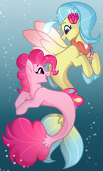 Size: 1152x1914 | Tagged: safe, artist:krypticquartz, imported from derpibooru, pinkie pie, princess skystar, earth pony, pony, seapony (g4), my little pony: the movie, bioluminescent, blue eyes, bubble, female, fin wings, fins, fish tail, flower, flower in hair, freckles, jewelry, looking at each other, necklace, open mouth, pearl necklace, seaponified, seapony pinkie pie, seashell, seashell necklace, smiling, species swap, speedpaint, tail, underwater, water, wings