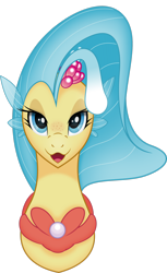 Size: 1920x3141 | Tagged: safe, artist:negatif22, artist:sakuracheetah, imported from derpibooru, princess skystar, seapony (g4), my little pony: the movie, bioluminescent, blue eyes, bust, clothes, eyelashes, female, flower, flower in hair, flowing mane, freckles, jewelry, lidded eyes, looking at you, movie accurate, necklace, open mouth, pearl necklace, portrait, see-through, simple background, smiling, solo, transparent background