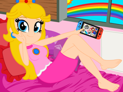 Size: 1182x884 | Tagged: safe, artist:noreentheartist, artist:user15432, imported from derpibooru, human, shy guy, yoshi, equestria girls, barefoot, barely eqg related, base used, bed, bedroom, bowser, bowser jr, clothes, controller, crossover, crown, dress, ear piercing, earring, equestria girls style, equestria girls-ified, feet, goomba, jewelry, joycon, looking at you, luigi, mario, mario party, nintendo, nintendo switch, piercing, pillow, pink dress, princess daisy, princess peach, princess rosalina, rainbow, regalia, rosalina, solo, sports outfit, sun, super mario bros., super mario party, toadette, waluigi, window