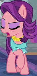 Size: 363x732 | Tagged: safe, imported from derpibooru, screencap, spoiled rich, earth pony, pony, a horse shoe-in, arrogant, cropped, eyes closed, eyeshadow, female, makeup, mare, raised eyebrow, raised hoof, solo