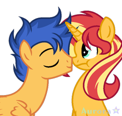 Size: 630x600 | Tagged: safe, artist:aurorastarsentryyt, imported from derpibooru, flash sentry, sunset shimmer, unicorn, boop, cute, eyes closed, female, flashimmer, male, noseboop, profile, shipping, straight