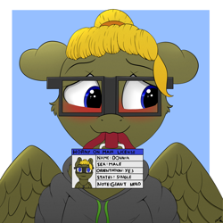 Size: 2000x2000 | Tagged: safe, artist:h3nger, imported from derpibooru, oc, oc only, oc:donnik, pegasus, pony, blushing, clothes, floppy ears, glasses, high res, hoodie, horny on main, male, mouth hold, pegasus oc, signature, solo, solo male, stallion, wings