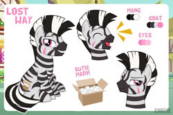 Size: 1200x798 | Tagged: safe, artist:jennieoo, imported from derpibooru, oc, oc only, oc:lost way, pony, zebra, cutie mark, happy, laughing, reference, reference sheet, show accurate, sitting, smiling, smug, solo, vector, zebra oc