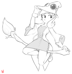 Size: 1924x1989 | Tagged: safe, artist:sugarelement, imported from derpibooru, oc, oc only, oc:rym, human, broom, clothes, costume, dress, goggles, hat, humanized, humanized oc, monochrome, sketch, solo, witch, witch hat