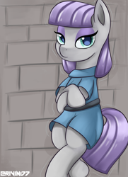 Size: 1641x2262 | Tagged: safe, artist:rivin177, imported from derpibooru, maud pie, earth pony, pony, bipedal, bipedal leaning, brick wall, clothes, crossed hooves, dress, female, leaning, looking at you, mare, pie sisters, rock, siblings, sisters, solo, standing, wall