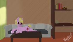 Size: 4096x2337 | Tagged: safe, artist:marimora, imported from derpibooru, oc, oc only, pony, unicorn, book, female, sofa bed, solo, table