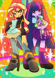 Size: 1280x1829 | Tagged: safe, alternate version, artist:hanasakiyunarin, imported from derpibooru, spike, sunset shimmer, twilight sparkle, equestria girls, female, panty and stocking with garterbelt, parody, style emulation