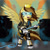 Size: 1280x1280 | Tagged: safe, artist:zocidem, imported from derpibooru, oc, oc only, oc:prince whateverer, cyborg, pegasus, pony, augmented, clothes, crown, guitar, jacket, jewelry, musical instrument, musician, regalia, solo, spread wings, visor, wings