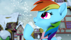 Size: 3840x2160 | Tagged: safe, artist:psfmer, imported from derpibooru, rainbow dash, pegasus, pony, 3d, blowing, clothes, female, ponyville, revamped ponies, scarf, sfm pony, snow, snowflake, solo, source filmmaker, winter