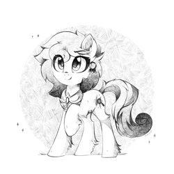 Size: 1575x1575 | Tagged: safe, artist:aureai, imported from derpibooru, oc, oc only, oc:osha, earth pony, pony, black and white, cheek fluff, chest fluff, clothes, commission, cute, daaaaaaaaaaaw, ear fluff, ear piercing, earring, female, fluffy, grayscale, happy, jewelry, leg fluff, looking up, mare, monochrome, ocbetes, piercing, raised eyebrow, signature, simple background, smiling, solo, standing