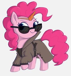 Size: 1425x1542 | Tagged: safe, artist:heretichesh, imported from derpibooru, pinkie pie, earth pony, pony, clothes, disguise, drawthread, fake unicorn, female, happy, mare, not pinkie pie, smiling, solo, sunglasses, trenchcoat