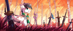 Size: 2361x1000 | Tagged: safe, artist:redchetgreen, imported from derpibooru, oc, oc only, alicorn, pony, alicorn oc, armor, bandage, grass, graveyard, green eyes, horn, male, slim, solo, stallion, sword, thin, tree, weapon, wings