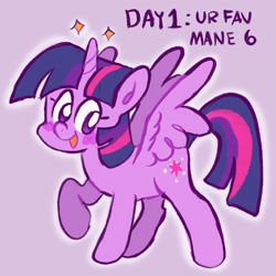 Size: 2048x2048 | Tagged: safe, artist:alexbeeza, imported from derpibooru, twilight sparkle, alicorn, pony, cute, februpony, female, high res, mare, no pupils, open mouth, purple background, simple background, solo, spread wings, twiabetes, twilight sparkle (alicorn), wings