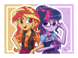 Size: 2000x1480 | Tagged: safe, artist:evedizzy26, imported from derpibooru, sci-twi, sunset shimmer, twilight sparkle, equestria girls, equestria girls series, arm in arm, book, cute, duo, duo female, female, geode of empathy, geode of fauna, geode of shielding, geode of sugar bombs, geode of super speed, geode of super strength, geode of telekinesis, linked arms, magical geodes, open mouth, shimmerbetes, smiling, twiabetes