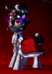 Size: 2200x3100 | Tagged: safe, artist:shido-tara, imported from derpibooru, king sombra, crystal pony, armor, cloak, clothes, commission, commissioner:reversalmushroom, glowing eyes, looking at you, simple background, sombra eyes