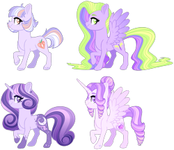 Size: 2453x2122 | Tagged: safe, artist:whalepornoz, imported from derpibooru, oc, oc only, oc:ambrosia, oc:diamond promise, oc:moonlight sonata, oc:radiance, alicorn, earth pony, pegasus, pony, unicorn, female, magical lesbian spawn, mare, offspring, parent:big macintosh, parent:fleur-de-lis, parent:fluttershy, parent:princess cadance, parent:princess celestia, parent:princess luna, parent:rarity, parent:twilight sparkle, parents:fleur-de-luna, parents:flutterlestia, parents:raridance, parents:twimac, simple background, transparent background