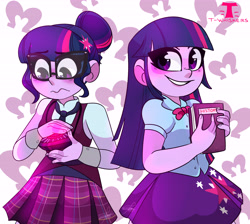 Size: 5589x5000 | Tagged: safe, artist:t-whiskers, imported from derpibooru, sci-twi, twilight sparkle, equestria girls, friendship games, absurd resolution, blushing, book, clothes, crystal prep academy uniform, duality, duo, glow, glowing, magic capture device, school uniform, self paradox, smiling, twolight