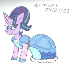 Size: 1081x959 | Tagged: safe, artist:cmara, imported from derpibooru, starlight glimmer, pony, unicorn, alternate hairstyle, belt, clothes, cute, dress, female, gala dress, glimmerbetes, gloves, mare, simple background, solo, traditional art, white background
