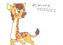 Size: 1275x904 | Tagged: safe, artist:cmara, imported from derpibooru, clementine, giraffe, female, open mouth, raised hoof, simple background, solo, traditional art, white background