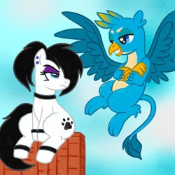Size: 1080x1080 | Tagged: safe, artist:mediocre.mare, artist:mediocremare, imported from derpibooru, gallus, oc, earth pony, griffon, pony, choker, crossed arms, duo, ear piercing, earth pony oc, eyelashes, female, grin, lidded eyes, makeup, male, mare, paw prints, piercing, sitting, smiling, unamused, wings