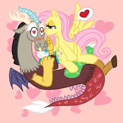 Size: 1080x1080 | Tagged: safe, artist:mediocre.mare, artist:mediocremare, imported from derpibooru, discord, fluttershy, draconequus, pegasus, pony, blushing, discoshy, duo, eyelashes, female, heart, heart eyes, kissing, male, mare, pictogram, shipping, straight, wingding eyes