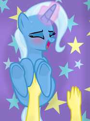 Size: 1456x1947 | Tagged: safe, artist:grapefruitface1, imported from derpibooru, trixie, oc, oc:grapefruit face, human, pony, base used, blushing, canon x oc, cute, diatrixes, eyes closed, foreplay, grape, grapexie, interspecies, laughing, lying down, offscreen character, pony on human action, pov, shipping, show accurate, straight, tickling