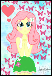 Size: 960x1414 | Tagged: safe, artist:amyrosexshadowlover, imported from derpibooru, fluttershy, butterfly, equestria girls, blushing, clothes, eyelashes, female, hairclip, heart, skirt, solo