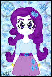 Size: 480x706 | Tagged: safe, artist:amyrosexshadowlover, imported from derpibooru, rarity, equestria girls, abstract background, bracelet, clothes, cutie mark, cutie mark on clothes, eyelashes, female, jewelry, skirt, smiling, solo